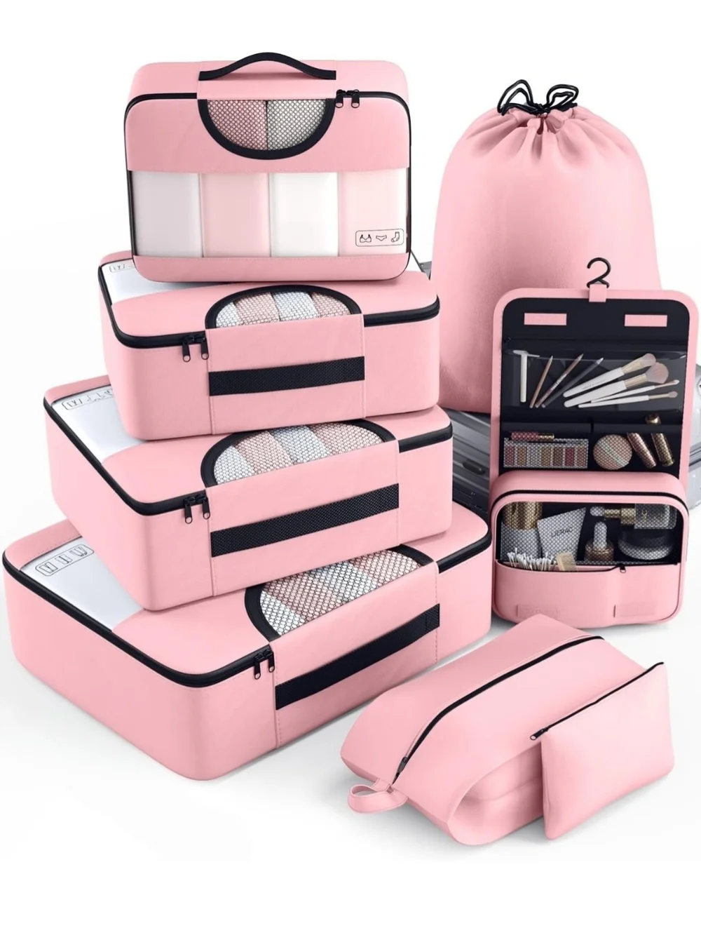 Pink Travel Packing Cubes and Toiletry Set with Hanging Organizer - Brand: